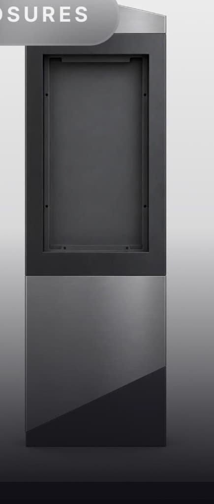 Digital wayfinding pylon enclosure for shopping centres — powder-coated sheet metal kiosk housing